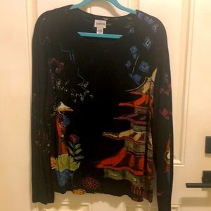 Chicos size 3, medium white scoop, neck, long sleeve black top with print